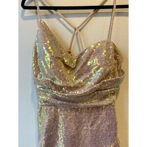 Blush Gold Sequin Ruffle Mini Dress Open Back Party Dress Size 12